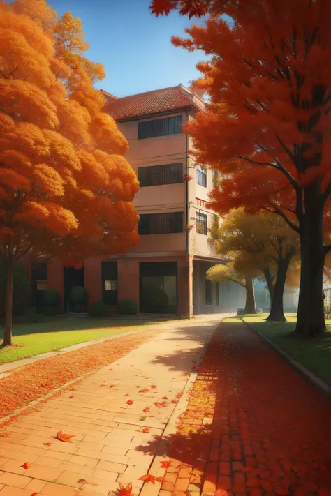 Old residential area，Red brick building，Big banyan tree，Clean the pavement，Fallen leaves，autumnal，in the early morning，Light yellow tone，super-fine，Carefully portrayed，high qulity，8K，Miyazaki animation style