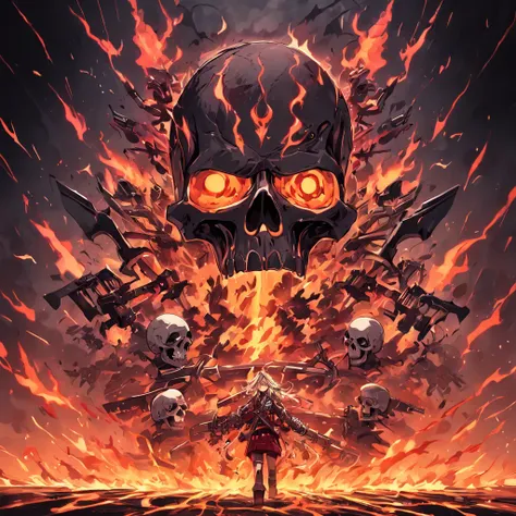 a skull with guns and skulls on it is surrounded by flames, heavy metal tshirt design, heavy metal art style, skull design for a rock band, style of hydro74, terminator art, heavy metal artwork, of spiked gears of war skulls, giant robot skull, by Dan Mumf...