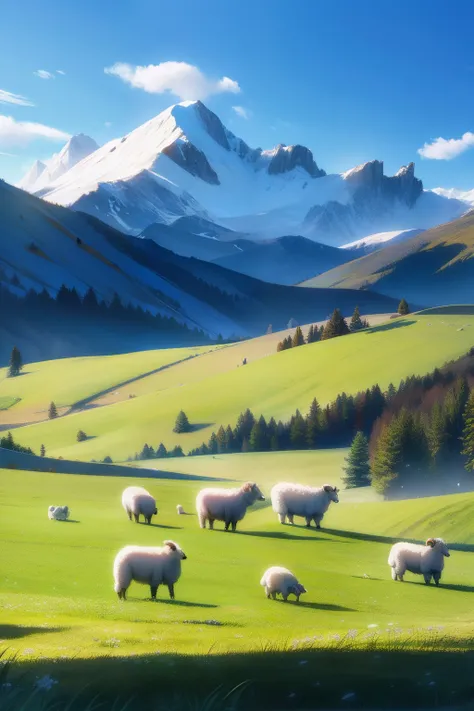 grass field，sheeps，steed，snow mountains，blue-sky