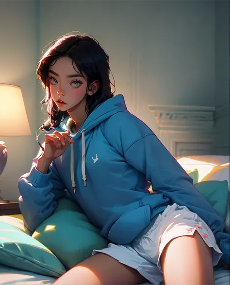 The Alafard boy lay on the bed，wearing a blue hoodie, Cute boy, Boys, Blue hoodie, Boy, soft cool colors, boy shorts, p. j. n, kid, blue gray, Children, designed for cozy aesthetics!, Cai Xukun, pyjamas, Soft mood, Young boy, kiddy big breasts, Cute boys, ...