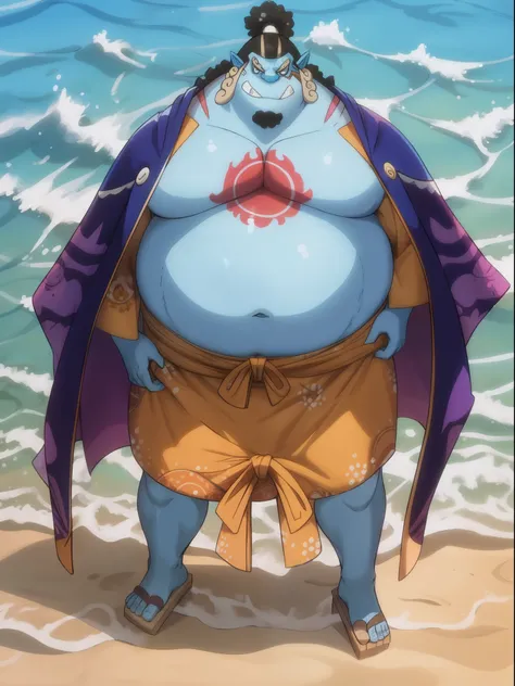 (Masterpiece), (Excellent), chubby, fat, man (jinbei) standing in beach, blue skin, swimming suit, swimming, jinbe, tusk