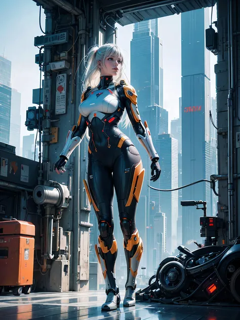 1girl, a beautiful girl cyborg cyberpunk with a cyberpunk city tall buildings, white and orange machine suit color combination, the body full of robot machine, have a hologram sytem, asian skin tone, cyber ear machine, suits is mecha, realistic machine, sc...