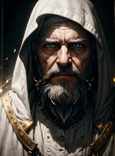 An epic close up portrait of elderly intense sinister eyes, and nose with long white beard, framed with a faded ancient tattered white linen hood, reflecting gold sparks in the irises of the eyes, white eyebrows, at night, dramatic lighting, high contrast,...