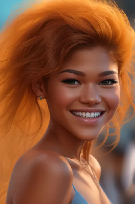 A full body of a naked Zendaya, American, 25 years old, dark brown skin, brown eyes, delicate nose, soft and delicate lips, yellow-red hair, ultra-realistic HD photorealistic highly rendered engaging smile, dressed in an Ice blue 90% see-through truly shor...