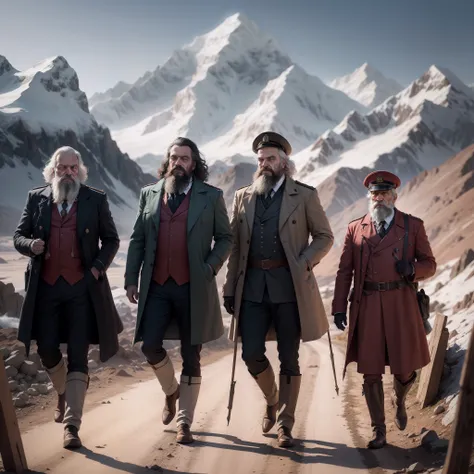 Karl Marx at Karakoram Mountain range leading Revolution with his comrades