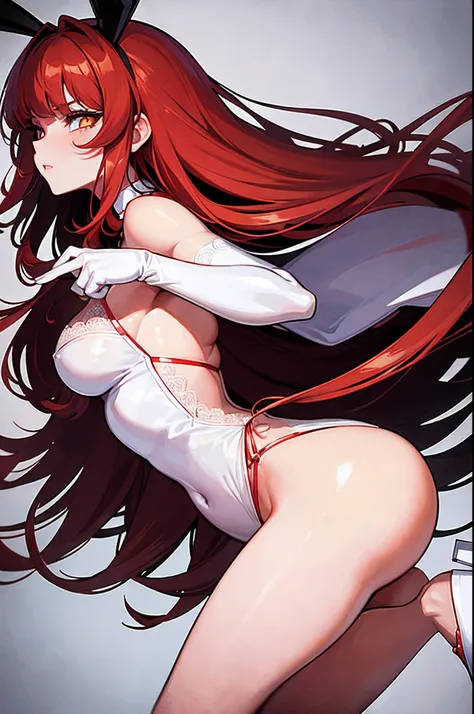 ((masterpiece)), ((best quality)), lights, (wearing bunny outfit:1.3), red outfit, 1girl, long hair, big bust, ((red hair)), close-up, profile photo, very long red hair, ((intimidant look)), sexy pose, yellow eyes, ((white lace lingerie)), leather, brillan...