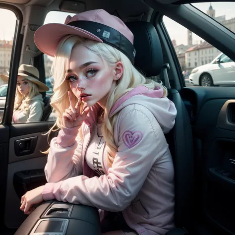 blonde woman in a car with a hat and a jacket pink hair , ava max, giving the middle finger, kailee mandel, in a hoodie, middle finger, profile pic, violet myers, thicc, alexa grace, her hair is white, sits on a finger, without makeup, she has a cute face,...