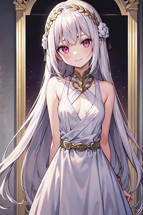 masterpiece, best quality, 16k, 1girl, solo, long hair, light hair, wavy hair, platinum hair, hair bangs, petite, (small breasts:1.1), rating:safe, pink eyes, hair between eyes, evil smile, wearing a peplos, ancient greek dress, gold bracelets, arms behind...