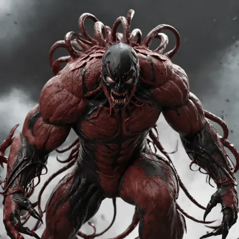 Create a dynamic and menacing visual that combines Guts wearing the Berserker Armor with the terrifying presence of the Carnage symbiote. Guts should be depicted in his usual Berserker Armor design, with the dark metallic tones and protective plating. Howe...