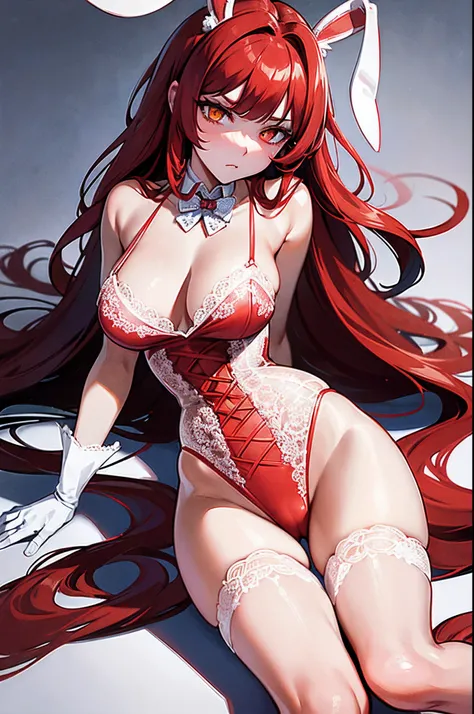 ((masterpiece)), ((best quality)), lights, (wearing bunny outfit:1.3), red outfit, 1girl, long hair, big bust, ((red hair)), close-up, profile photo, very long red hair, ((intimidant look)), sexy pose, yellow eyes, ((white lace lingerie)), leather, brillan...