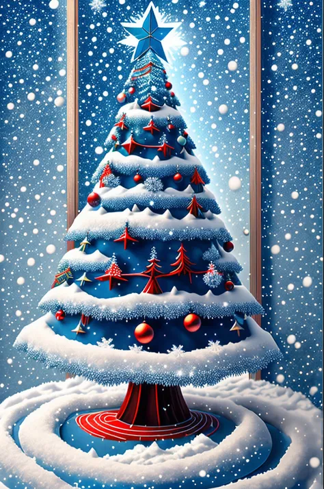 a christmas pine tree made of snowflakes on a blue background, a digital rendering, by Aleksander Gierymski, wallpaper”, tiny bright blue and red lines, 3 2 x 3 2, with many fine embellishments, travel, no text, pixel, : :, slash background, shimmering clo...