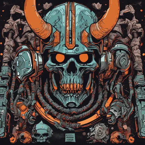 a skull with a helmet and a helmet on it, doom eternal art style, striking detailed artstyle, heavy metal art style, stylized cyberpunk minotaur logo, heavy metal tshirt design, doom inspired, detailed game art, of spiked gears of war skulls, darksiders ar...