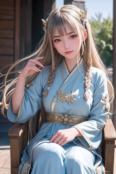 close up on face， Ultra-fine face，femele， China-style， Ancient wind，Hanfu， Sit Pose， long whitr hair， Delicate clothing patterns， ellegance， opulent， ellegance， ssmile，Skysky， Ribbons，Sense of brokenness， ruri， Buble， Double up braid， Hairline， slanted ban...