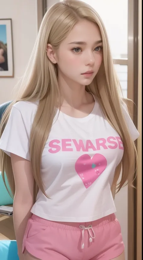 MiaChadef, long hair, blonde hair, brown eyes, 
portrait, large breasts, short sleeves, standing, dolphin shorts, t-shirt, pink shorts, white shirt, indoors, cleavage, looking at viewer, 
masterpiece, best quality,