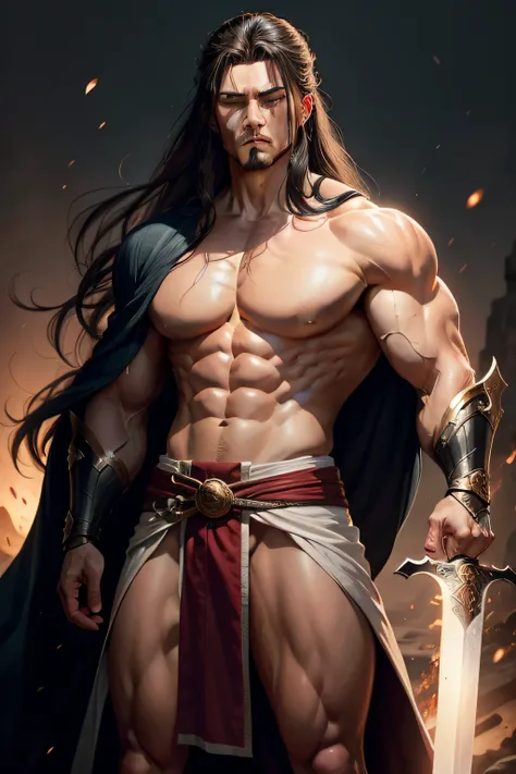 Character: Height of 180cm, average muscle build, firm posture, intense gaze, battle attire with a long robe, long hair, a penetrating gaze, and a beautiful sword.