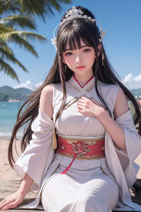 close up on face， Ultra-fine face，femele， China-style， Ancient wind，Hanfu， Sit Pose， long whitr hair， Delicate clothing patterns， ellegance， opulent， ellegance， ssmile，Skysky， Ribbons，Sense of brokenness， ruri， Buble， Double up braid， Hairline， slanted ban...