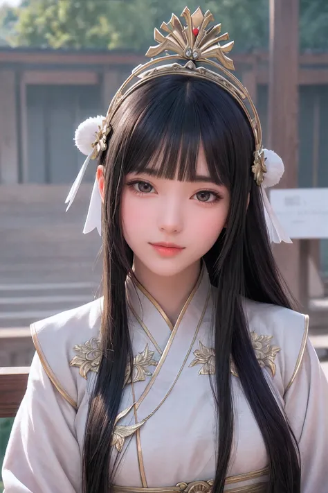 close up on face， Ultra-fine face，femele， China-style， Ancient wind，Hanfu， Sit Pose， long whitr hair， Delicate clothing patterns， ellegance， opulent， ellegance， ssmile，Skysky， Ribbons，Sense of brokenness， ruri， Buble， Double up braid， Hairline， slanted ban...