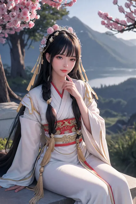 close up on face， Ultra-fine face，femele， China-style， Ancient wind，Hanfu， Sit Pose， long whitr hair， Delicate clothing patterns， ellegance， opulent， ellegance， ssmile，Skysky， Ribbons，Sense of brokenness， ruri， Buble， Double up braid， Hairline， slanted ban...