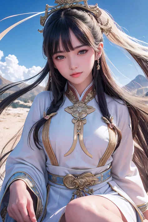 close up on face， Ultra-fine face，femele， China-style， Ancient wind，Hanfu， Sit Pose， long whitr hair， Delicate clothing patterns， ellegance， opulent， ellegance， ssmile，Skysky， Ribbons，Sense of brokenness， ruri， Buble， Double up braid， Hairline， slanted ban...