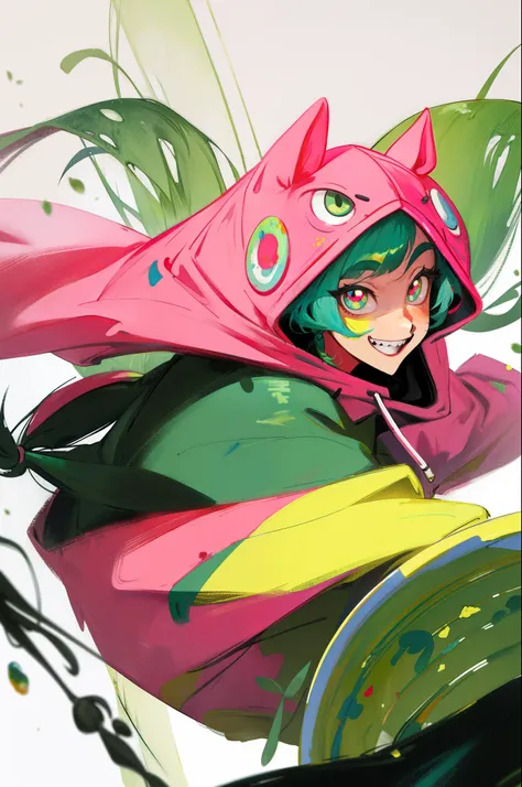 Q version image，Thick painted plate painting style，adolable，Kizi，dual horsetail，largeeyes，Toothy smile，Wear a pink hooded sweatshirt，Biye