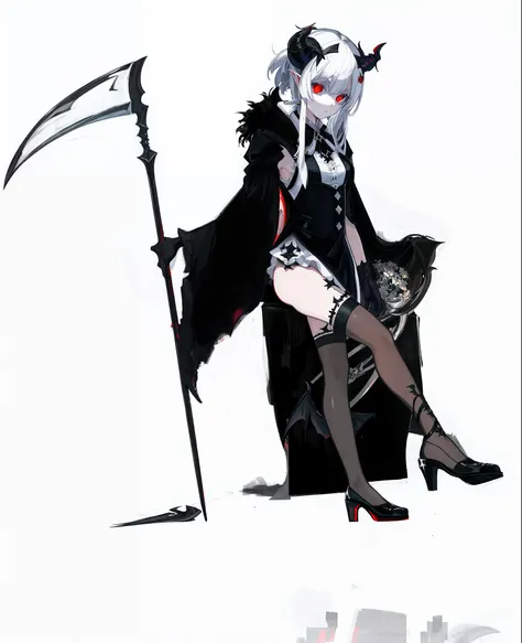 masterpiece,(bestquality),highlydetailed,ultra-detailed, light, (white hair:black hair:0.8), (demon girl:1.5), (horns:1.2), (black stockings:0.9), (high heels:0.8), (scythe:1.0)