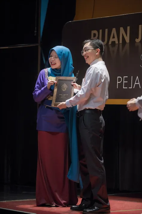 they are standing on a stage with a sign that says quanjun, awarded, very clear picture, detailed picture, student, teacher, inspired by Nazmi Ziya Guran, ((oversaturated)), full protrait, basic background, intense moment, inspired by Sarper Baran, mutahar...