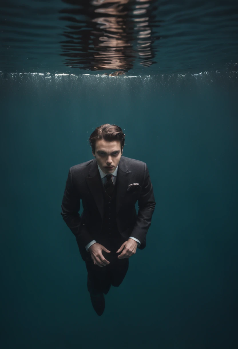 surreal, underwater portrait of Batman. The distortions of the water and the play of light create a dreamlike and otherworldly atmosphere, capturing a moment of serene beauty, portrait photography