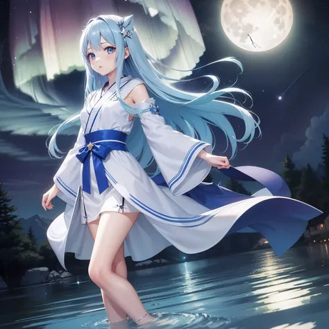 Pretty girl、4K, masutepiece , sky blue hair , robe blanche, Light blue eyes , Night , Starry sky, fullmoon、Aurora、Lake water, Full body portrait , Face Highlights, Auto Adjust, Optimize image quality、