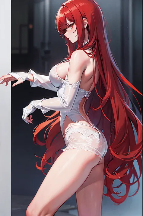 ((masterpiece)), ((best quality)), lights, 1girl, long hair, big bust, ((red hair)), close-up, profile photo, very long red hair, ((intimidant look)), sexy pose, yellow eyes, ((white lace lingerie)), hands touching boobs, leather, brillant eyes, heels, fis...