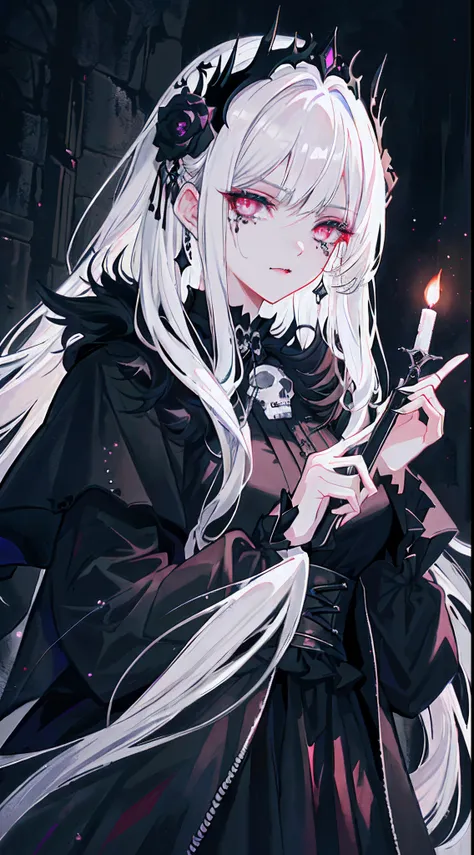 （tmasterpiece，best qualtiy）， 独奏，a white-haired woman holds a candle，anime skull portrait woman,beautiful necromancer girl，beauti...