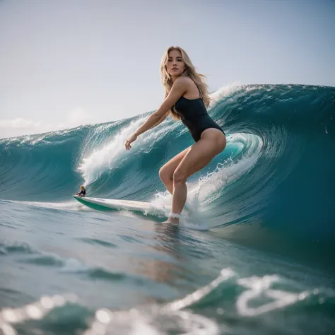 Black swimsuit surfer surfing a wave on a surfboard, fotografia de surfar, surfare, Alana Fletcher, standing on surfboards, surfar, crisp smooth lines, bottom angle, surfarando uma onda de barril, visual deslumbrante, on the ocean water, Directed by: Niko ...