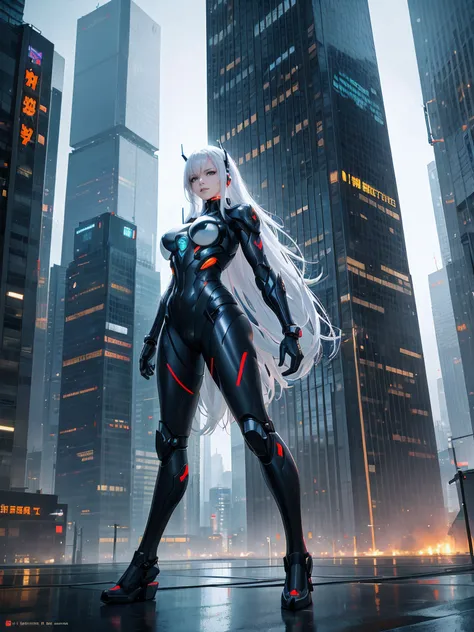 1girl, a beautiful girl cyborg cyberpunk with a cyberpunk city tall buildings, white hair, white and orange and black machine suit color combination, the body full of machine, realistic futuristic hologram, asian skin tone, beautiful asian face, cyber ear ...