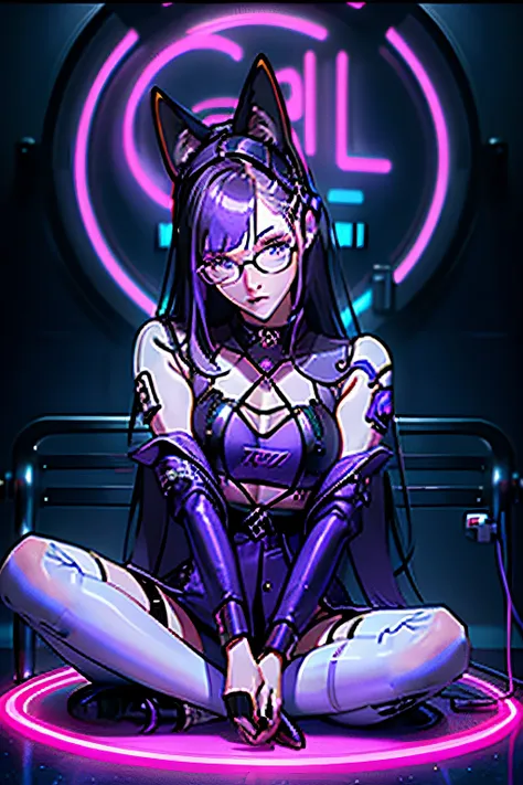 female idol gamer vtuber looking focused fox ears headphone wearing glasses punk lolita dress purble skurt style clothing neon lights 80e anime girl pc gaming sitting on the floor crouching with an xbox controller in both hands with a neon purple blue tria...