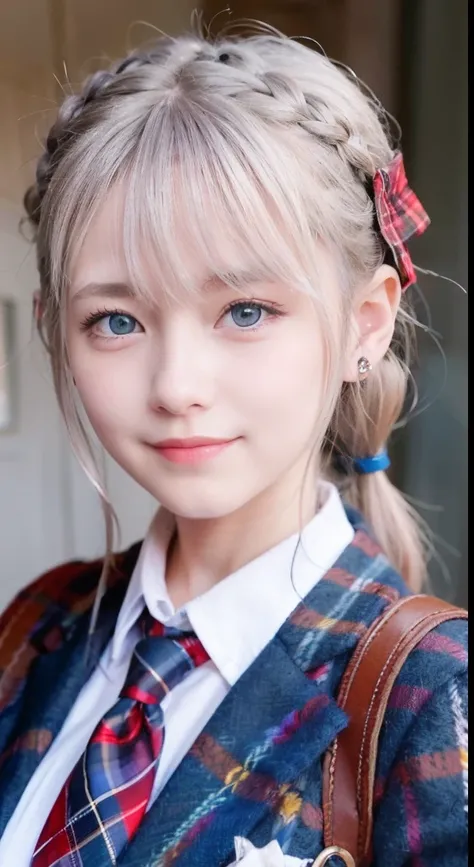 (ultra-detailliert), Tartan check jacket,high-school uniform、Blue eyes,The upper part of the body、a closeup、faces、(A smile:1.5),(facing front:1.2), 20yr old, teens girl,no tail,(no tail),2D, ​masterpiece, top-quality, animesque, A detailed eye, A detailed ...