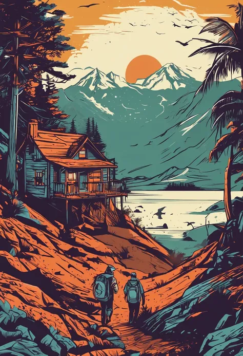 print-ready vector t-shirt design, cena de aventura com explorador, com belo sol noturno e montanha ao fundo, fundo branco limpo, vetor profissional, tiro completo, 8K resolution, Deep print illustration, American house falling apart on top of the mountain...