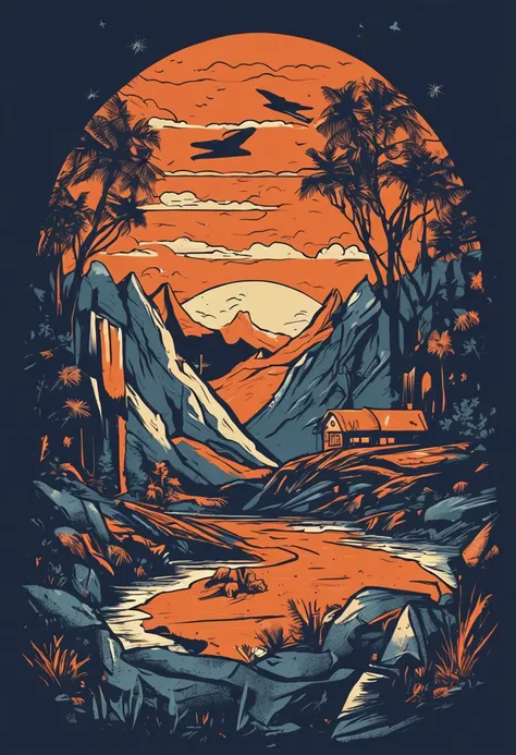 print-ready vector t-shirt design, cena de aventura com explorador, com belo sol noturno e montanha ao fundo, fundo branco limpo, vetor profissional, tiro completo, 8K resolution, Deep print illustration, American house falling apart on top of the mountain...