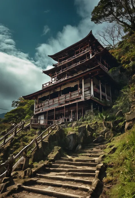 a mountain with a house of ancient japan of secúlo X, a era dos samurais no alto de uma floresta primiti, com neblinas brancas cobrindo a mata selvagem, psychedelic sky quite the show, a stone staircase to access it by descending the mountain, arquitetura ...