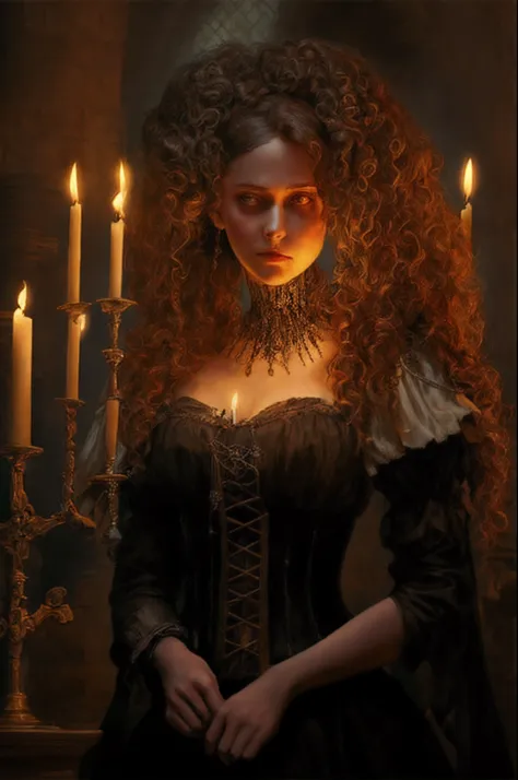 The image shows a stern woman looking directly at us, she has lit candles on both shoulders, her hair is curly, the woman has a face with strong facial lines, her fingers are bony, she is wearing a medieval dress with a corset on top, The image is only fro...