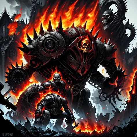 A skull with a gun and a skull was surrounded by flames, Heavy metal T-shirt design, heavy metal art style, skull design for a rock band, style of hydro74, terminator art, heavy metal artwork, Spiked gears of war skulls, Giant robot skull, author：dan munfo...