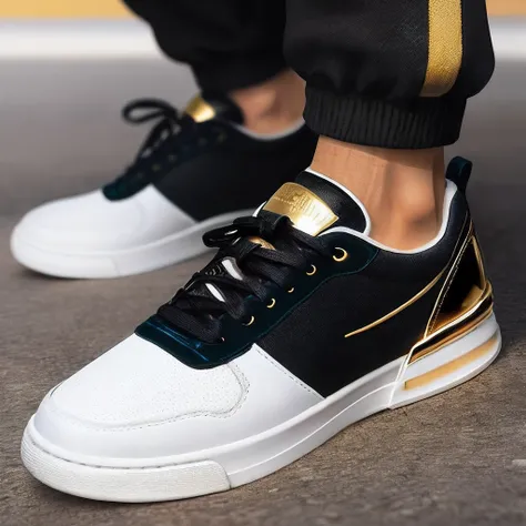 Create a stylish and sporty black and white mens sneaker with Gold accents