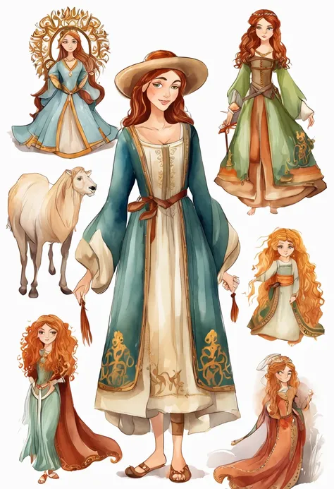 several illustrations of the same character with white background . uma princesa estilo medieval.  realistic strokes. cabelo loiro