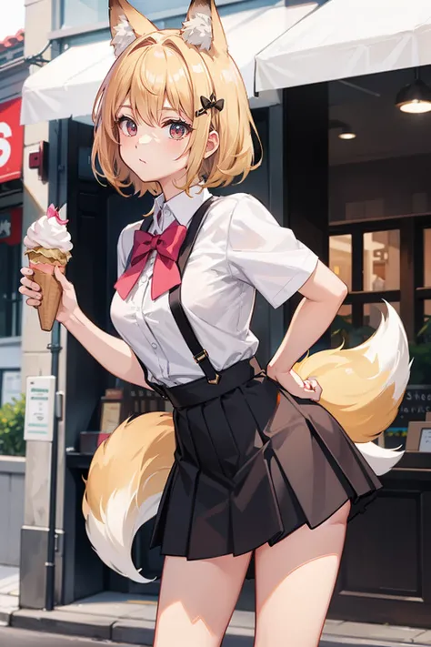 tmasterpiece，super high image quality，a pregirl，Short brownish-yellow hair，Fox ear headdress，White short-sleeved shirt，C cup，Large pink bow tie，a black pleated skirt，（leaning-forward），There is an ice cream shop in the background，Sideways photo，leaning-forw...