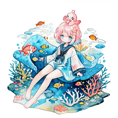 PastelColors:1.5)、(Cute illustration:1.5)、(watercolor paiting:1.2)、Light blue background、girl with、full body Esbian、A smile、Stranger、Pale yellow all over、Moya、marble、abyssal、The corals、the reef、Little light around、Particles of light、Under the sea、AngelT、Fi...