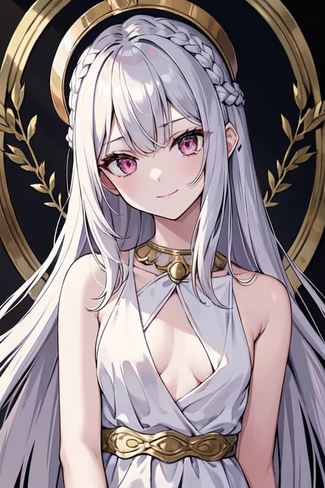 masterpiece, best quality, 16k, 1girl, solo, long hair, light hair, wavy hair, platinum hair, hair bangs, petite, (small breasts:1.1), rating:safe, pink eyes, hair between eyes, evil smile, wearing a peplos, ancient greek dress, gold bracelets, arms behind...