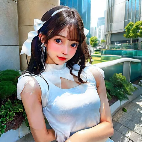 1girl, solo, tennis wear, white polo shirt, white sneakers, white miniskirt, masterpiece, best quality, realistic, hyper-detailed, slender, (shiny skin, sweaty:1.4), absurd, looking at viewer, short twintail, black hair, brown eyes, dynamic lighting, high ...