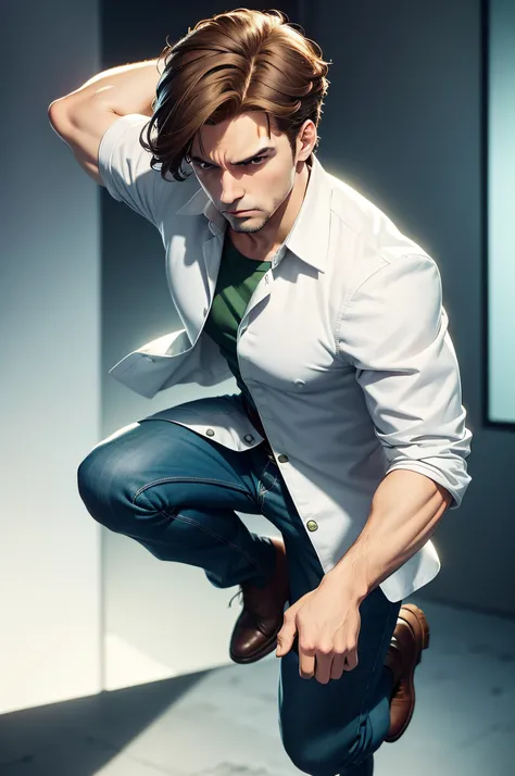 Serious man， Pretty decent figures， short light brown hair， Green eyes， Wearing white gloves， wear shirt, Sleeveless trench coat, jeans, Jumping boots, Villain， anime figure