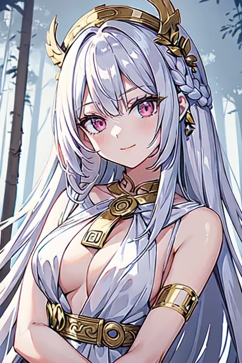 masterpiece, best quality, 16k, 1girl, solo, long hair, light hair, wavy hair, platinum hair, hair bangs, petite, (mediumbreasts:1.1), rating:safe, pink eyes, hair between eyes, evil smile, wearing a peplos, ancient greek dress, gold bracelets, arms behind...