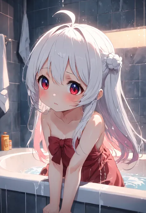 Cute loli，white color hair，nakeness，Take a shower in the bathroom，head looking up，is shy，Be red in the face，Wet all over