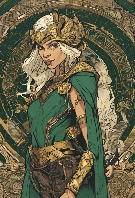 lamia woman, blond, her skin of serpent scales, with serpent eyes, ancient paladin, wearing, wearing overcoat, dark green plate armor