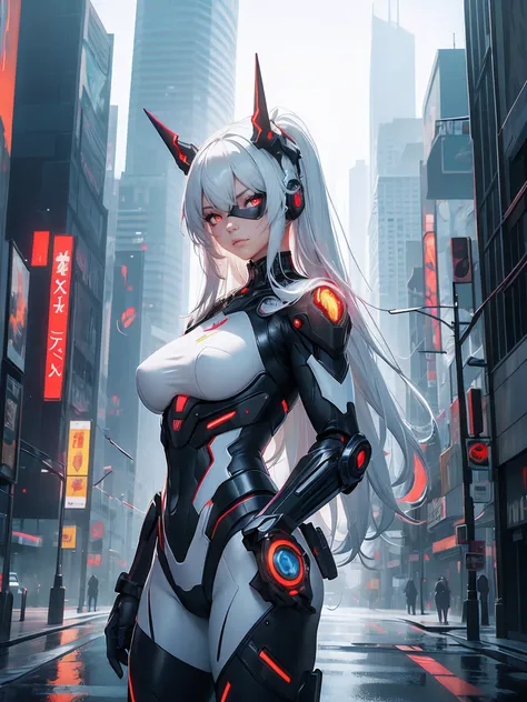 1girl, a beautiful girl cyborg cyberpunk with a cyberpunk city tall buildings, white hair, white and orange and black machine suit color combination, the body full of machine, realistic futuristic hologram, asian skin tone, beautiful eye, beautiful asian f...